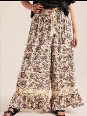 Festi Torrid Wide-Leg Lace Trim Boho Festival Pant In Concert Jacobean Ivory